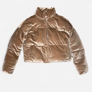 Cappuccino Tan Velvet-Like Puffer Coat with Sherpa Interior